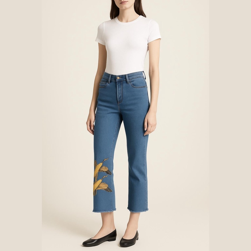 NEW Granduca Geese Embroidered High rise Straight Ankle Jeans w/Raw Hem EU 38/ S